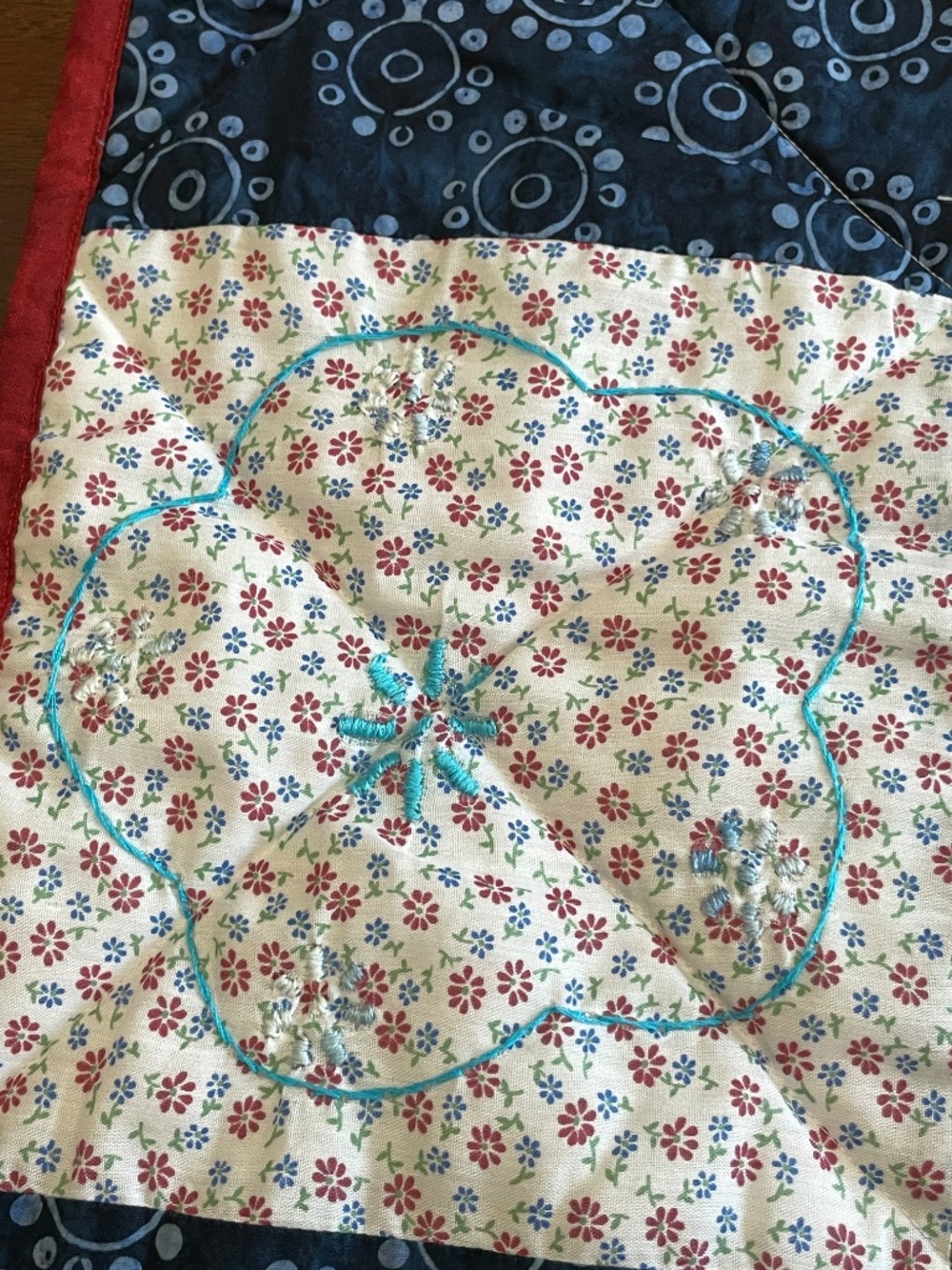 Handmade Quilt Whimsical Red Off White Blue Embroidered Flower Lap Child Size - Picture 6 of 15